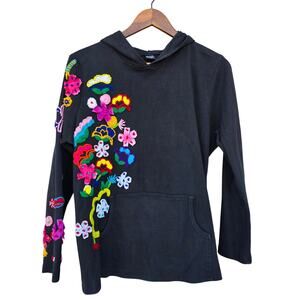 Rising International Floral Embroidered Hoodie Black Size XL
